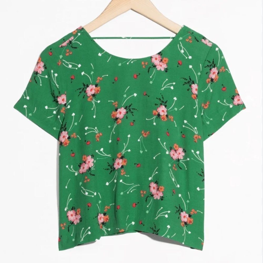 & Other Stories Blouse Womens Size 2 Green Floral Low‎ Back Top